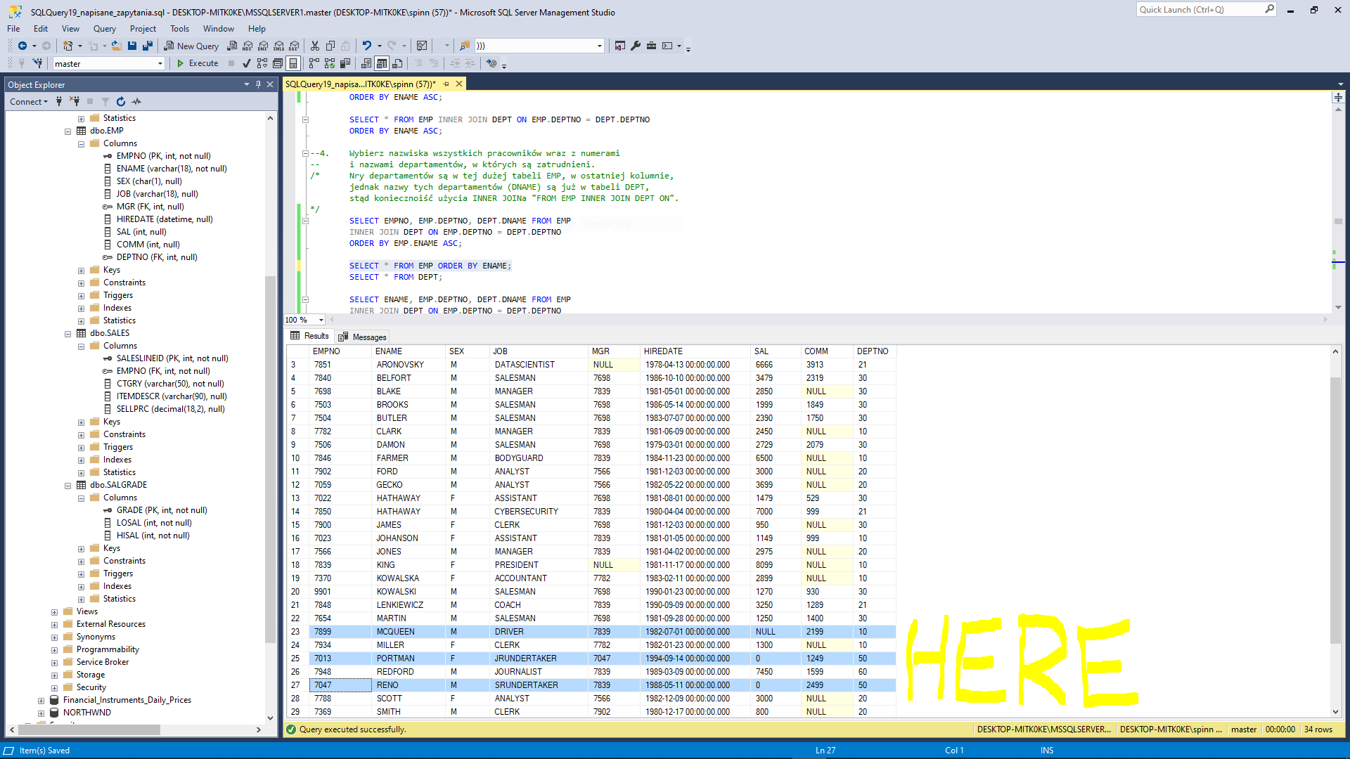 sql server EMP_DEPT database. Try to SELECT records with smallest