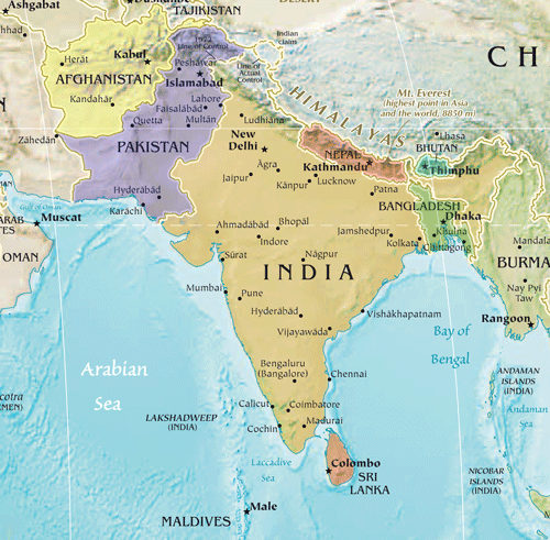 South Asia Physical Map Labeled science based More Land to India, More Height to Tibet