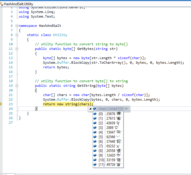 c Creating a SHA hash and salt and the bytes have