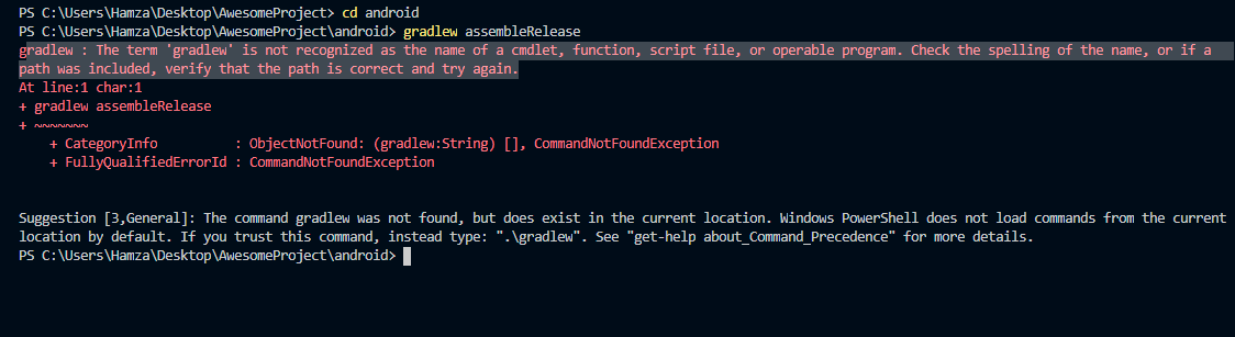 react native The term 'gradlew' is not recognized as the