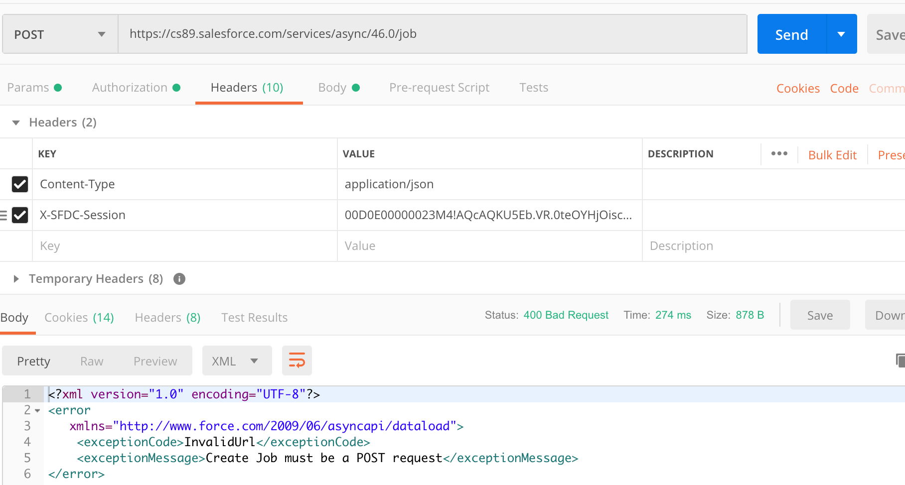 apex InvalidUrl Bulk API creating a bulk job using postman