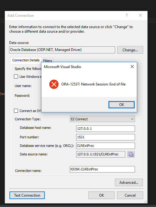 oracle ERROR ORA12537 Network session End of File Stack Overflow