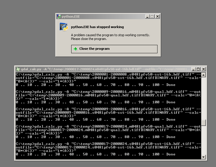 gdal GDAL_CALC works but I get a python error at the end of each