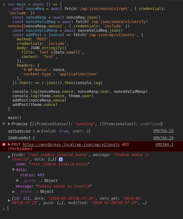 Nonce retrieved from the REST API is invalid and different from nonce