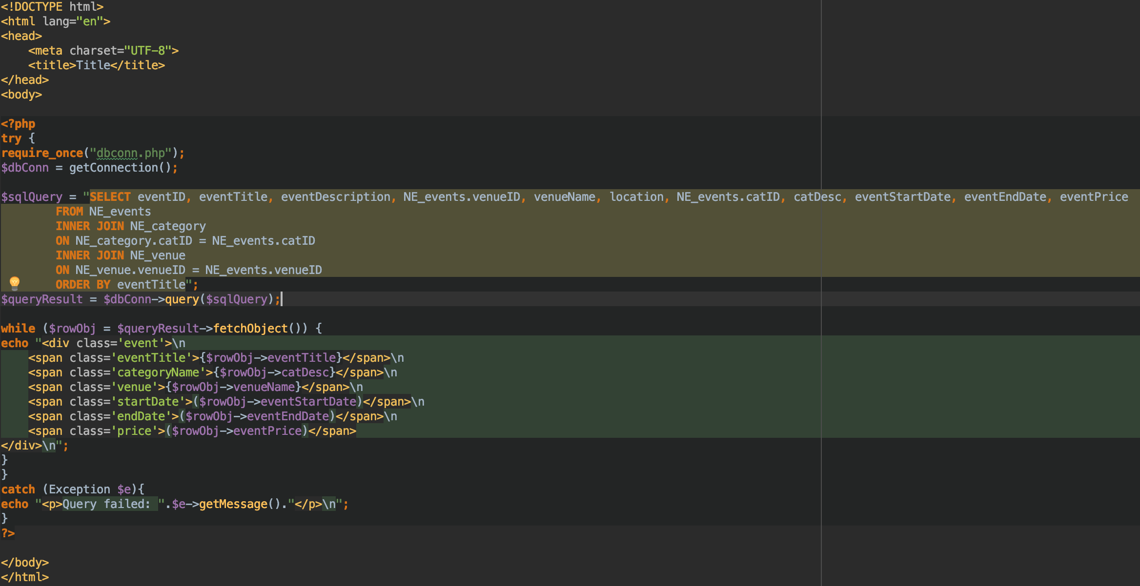 php Query failed SQLSTATE[3D000] Invalid catalog name 1046 No