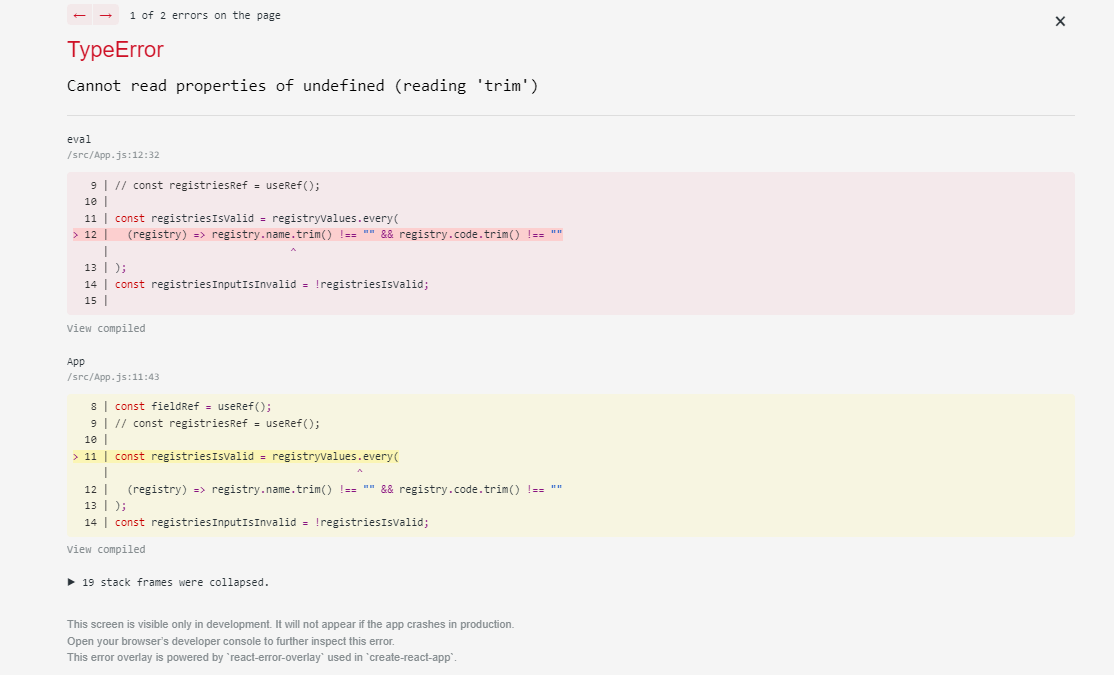 javascript React dynamic form input fields typeError undefined trim