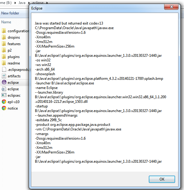 java Eclipse.exe run issue exit code 13 Stack Overflow
