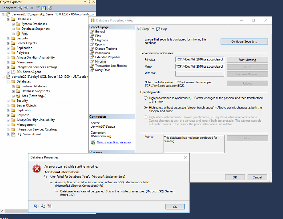 Trouble setting up mirroring on SQL Server 2016 Database