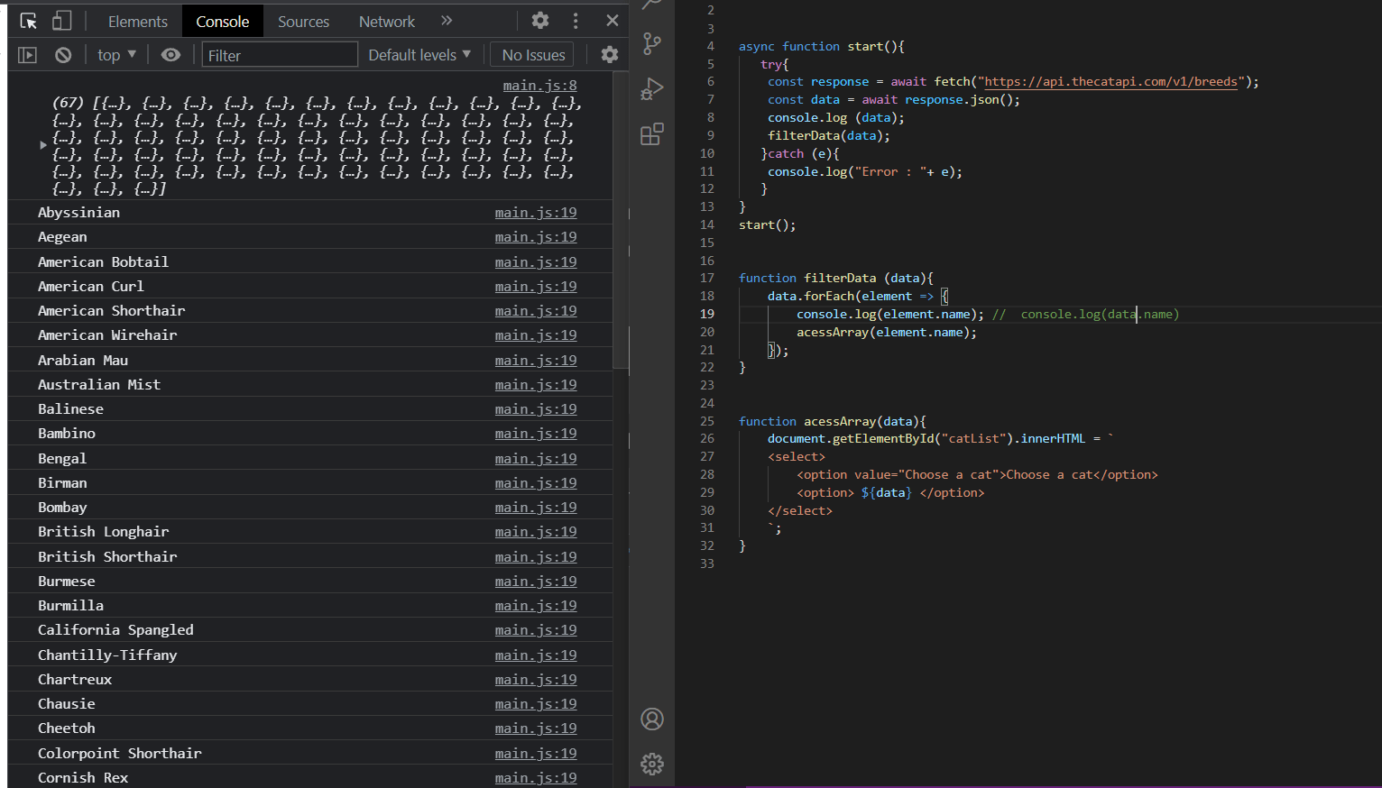 javascript How to add data from array/Object to the HTML drop down
