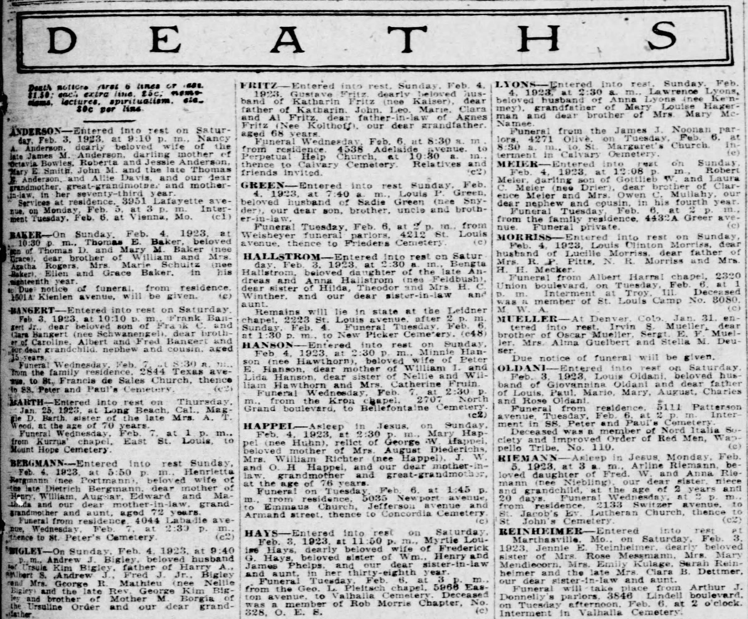 united states Meaning of "c" notation at end of St Louis obituaries