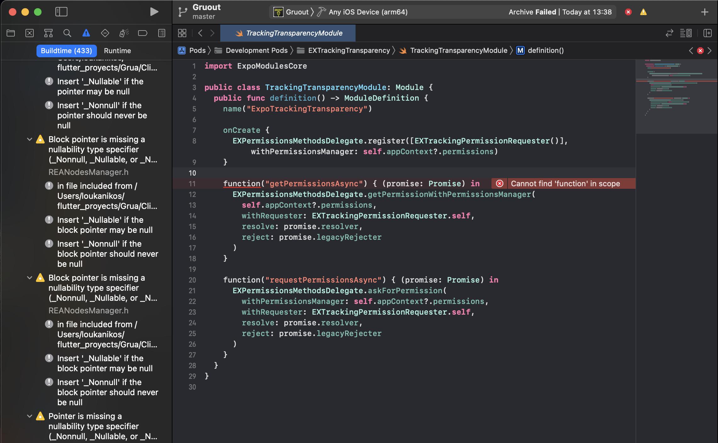 ios Cannot find 'function' in scope, error with expotracking