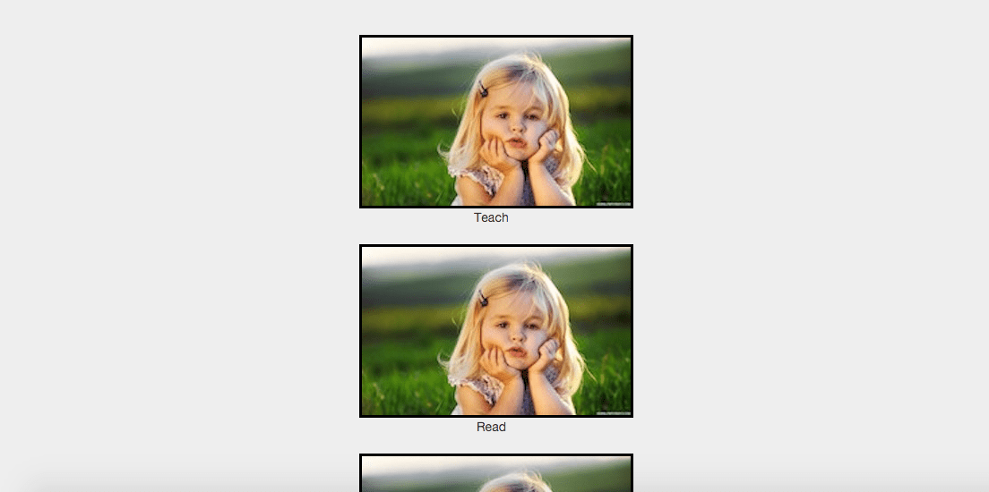 html displaying 3 images in a row with text underneath in bootstrap
