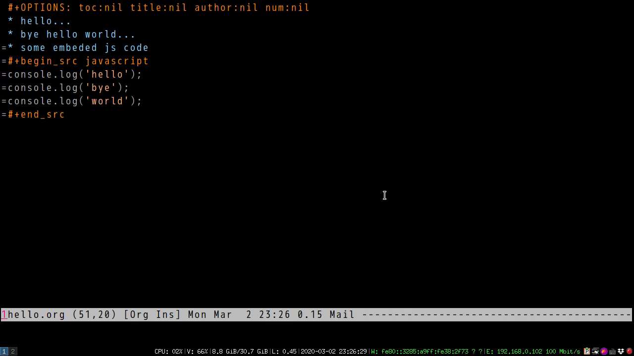 org babel Change behaviour of in orgmode tangled source blocks? Emacs