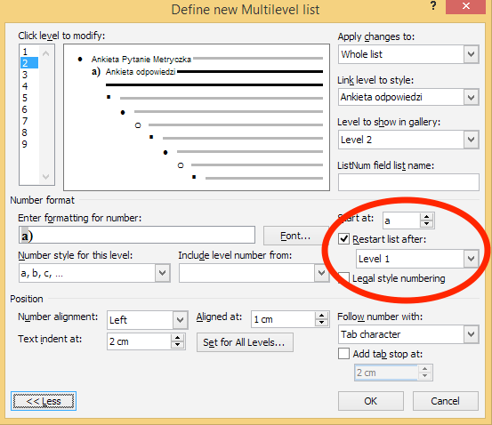 microsoft word Mixing bullet list and numbering how to restart
