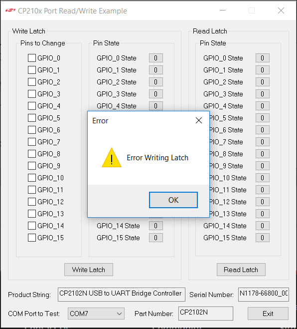 c Error Writing/Reading Latch with Silicon Labs CP210X USB to UART