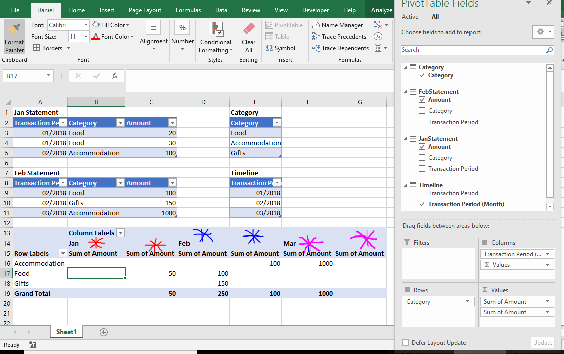 Excel 2016 Pivot table from multiple tables