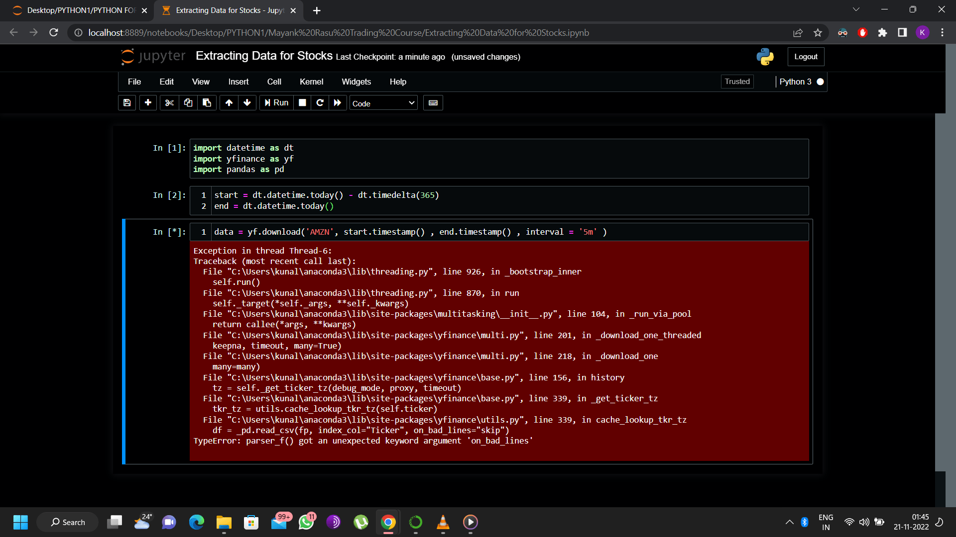 How to use datetime objects to get stock data through the yfinance api