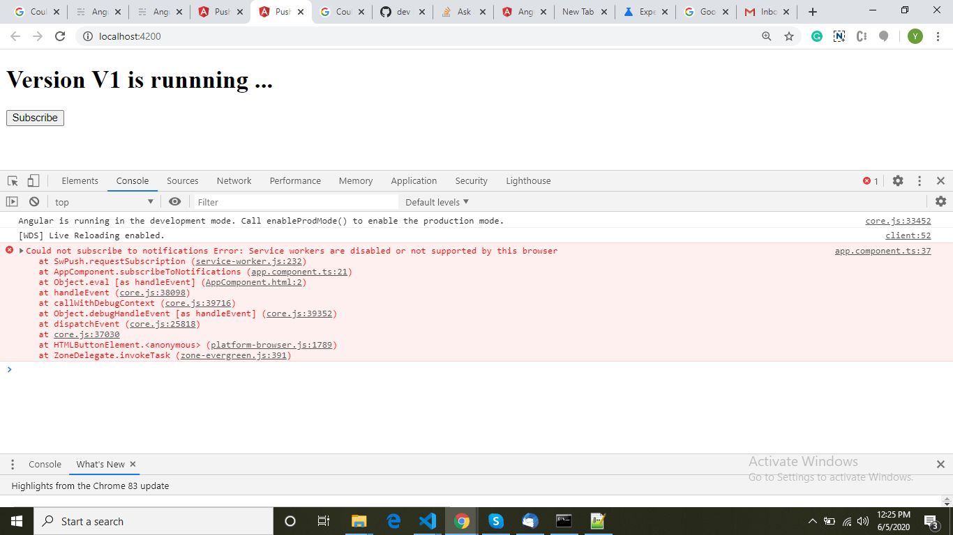 angular Could not subscribe to notifications Error Service workers