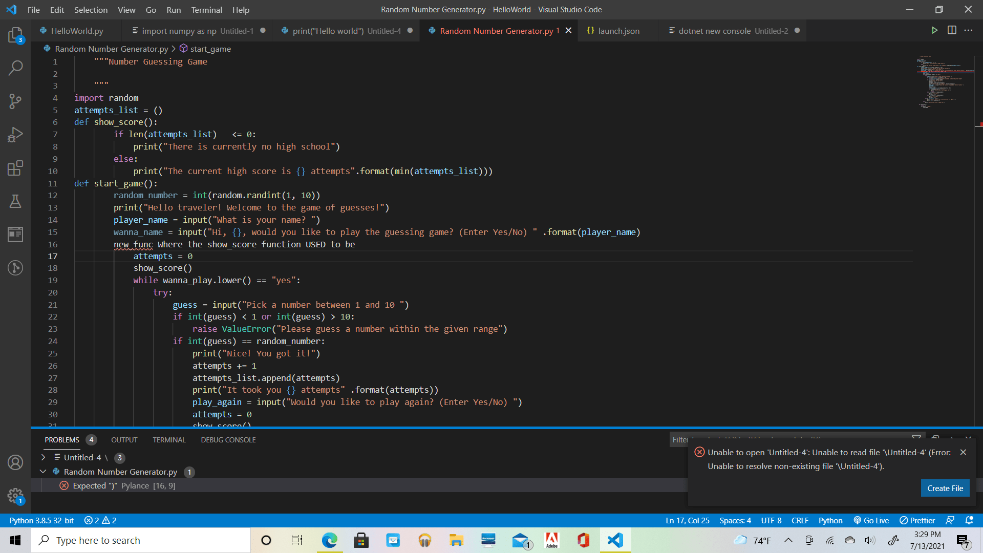 python Can't find the error on "Expected ")" Pylance [16,9] Stack Overflow