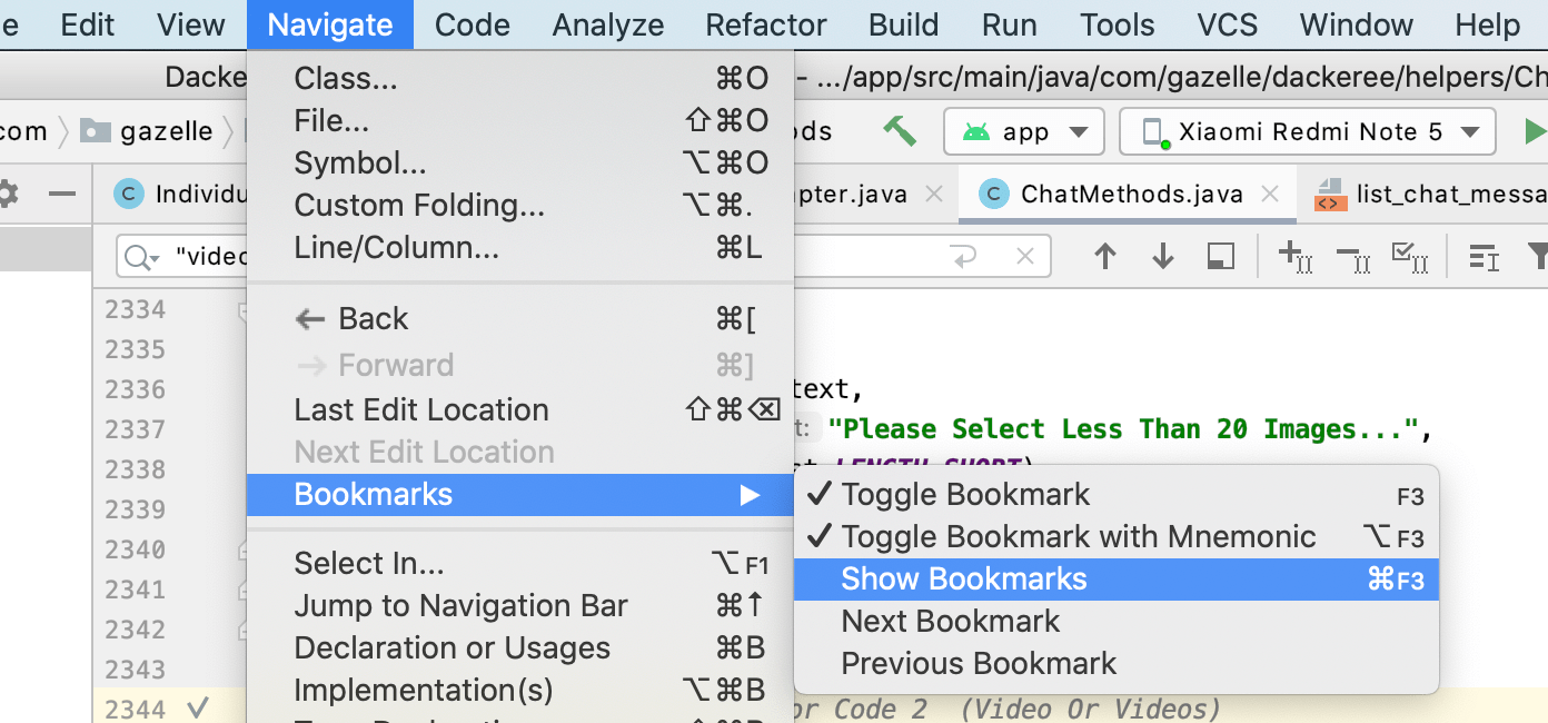 Going to Bookmarks in Android Studio? Stack Overflow