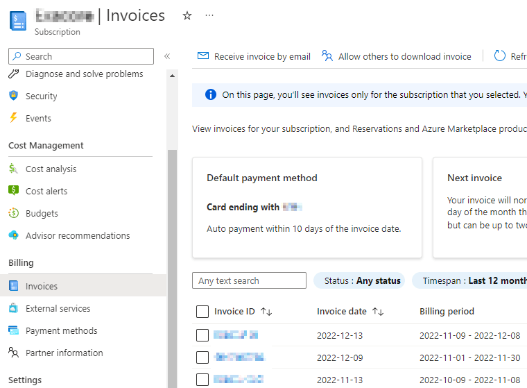 billing Set different payment method for Azure payasyougo