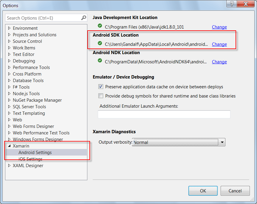How do I move the Android SDK folder installed with Visual Studio 2017