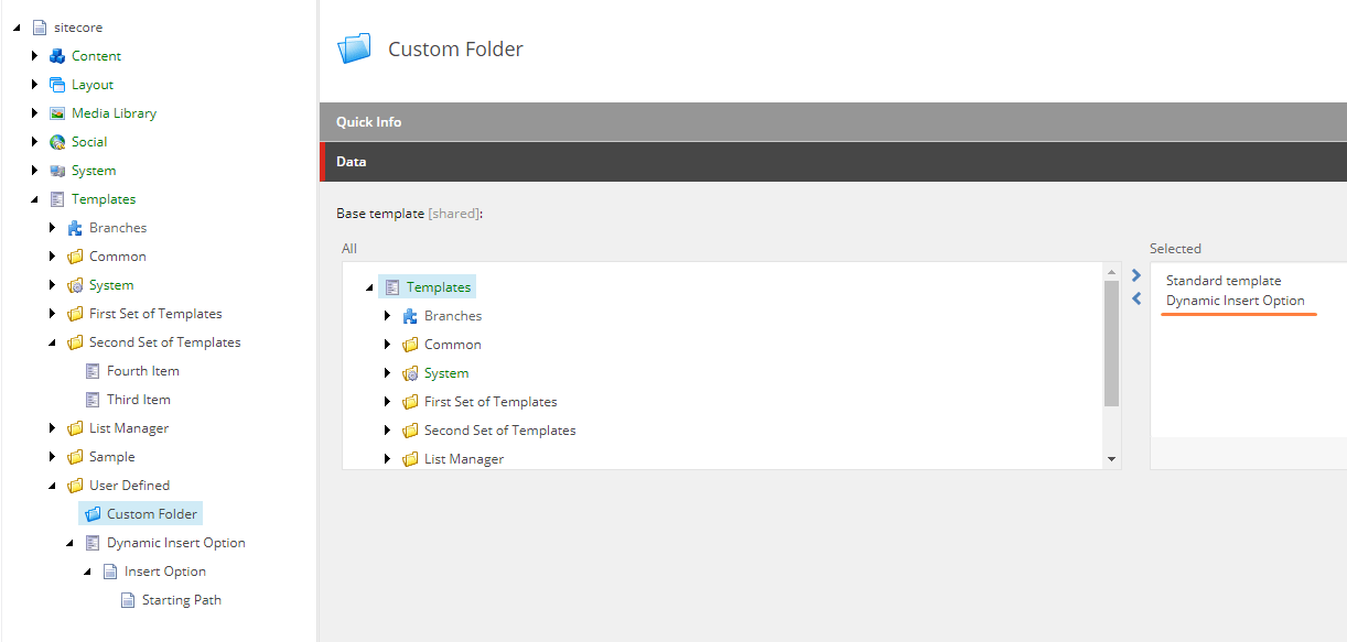 content editor Sitecore how to show templates under specific folder