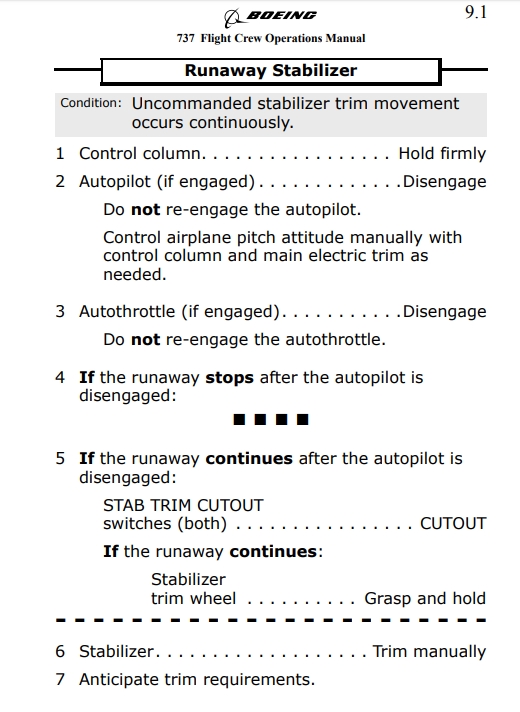 boeing 737 What are the checklist items for a runaway stab trim on a B737 MAX 8 and MAX 9
