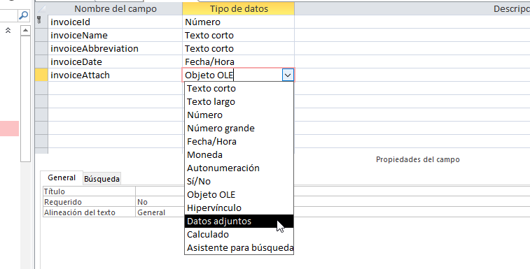 Tipo de dato en MySQL equivalente a Datos adjuntos en Access 2016