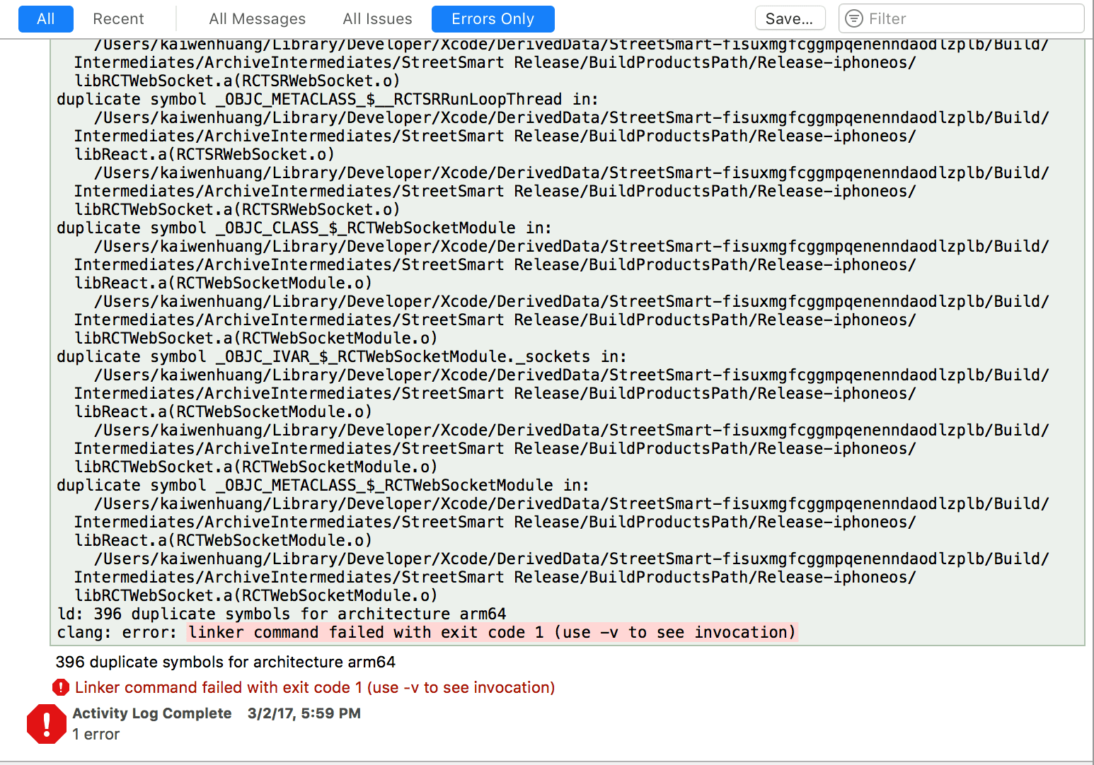 ios React Native XCode Project Product Archive Fails with duplicate