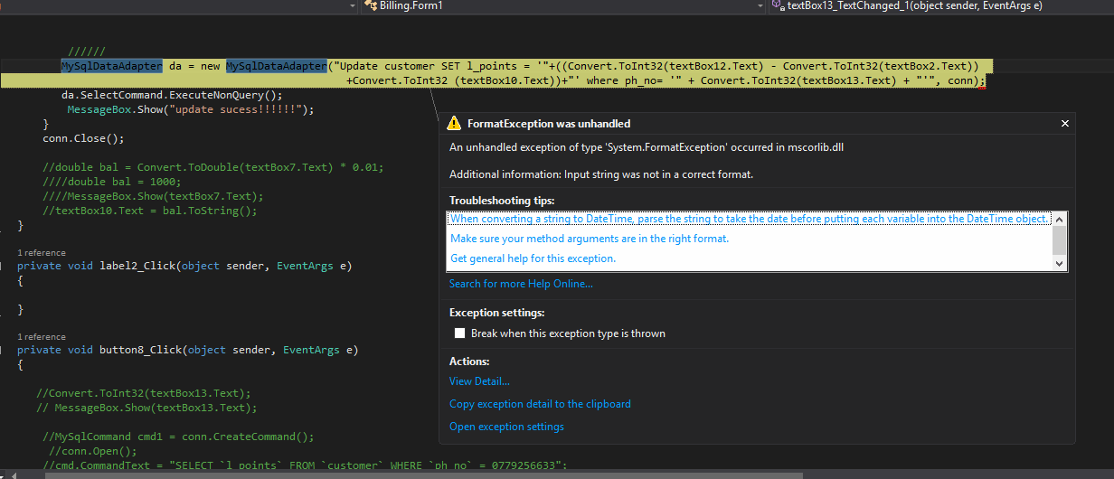 mysql Runtime error in c An unhandled exception of type 'System