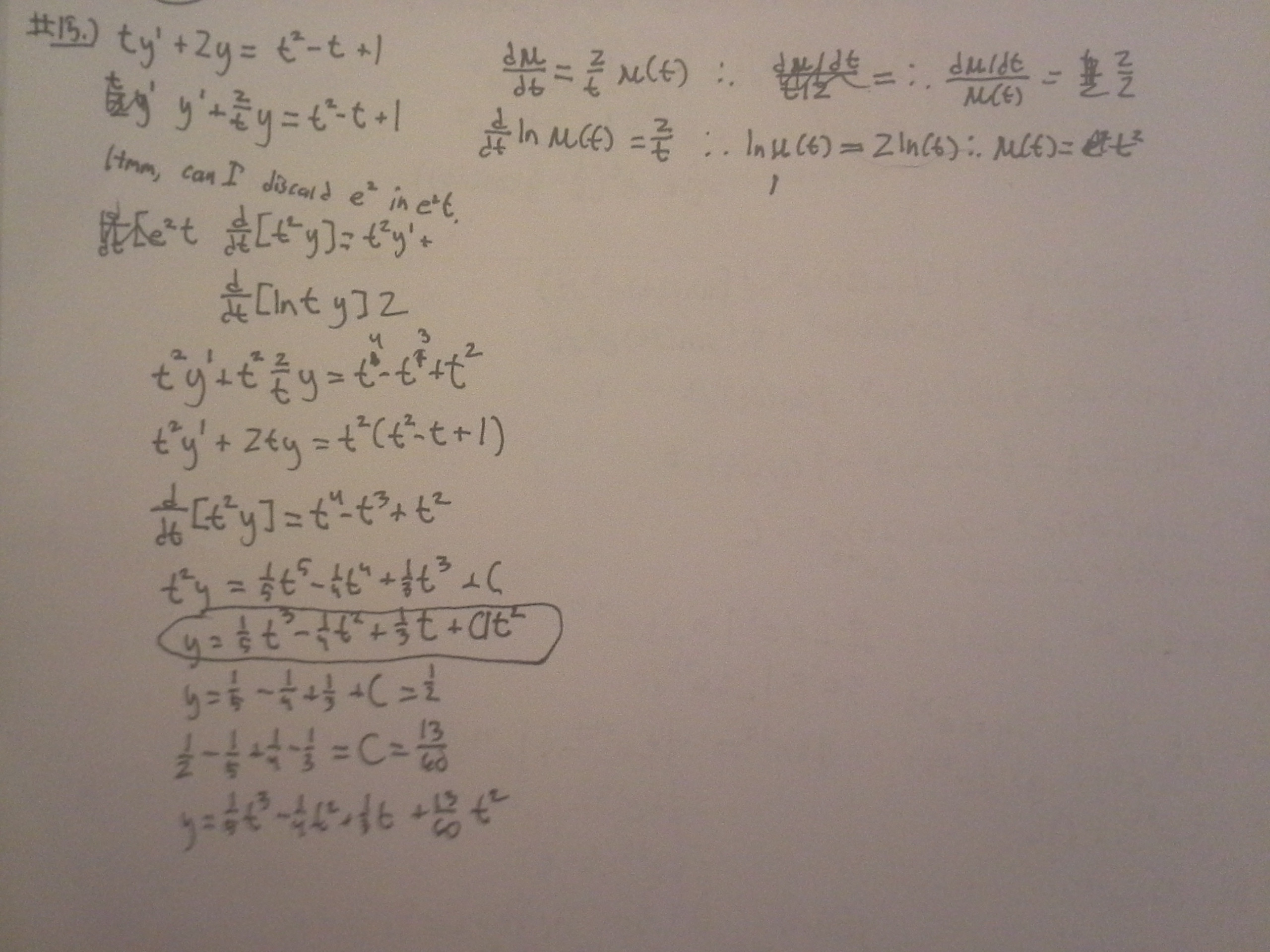 integration ty'+2yt^2t+1 what is the flaw in my solving