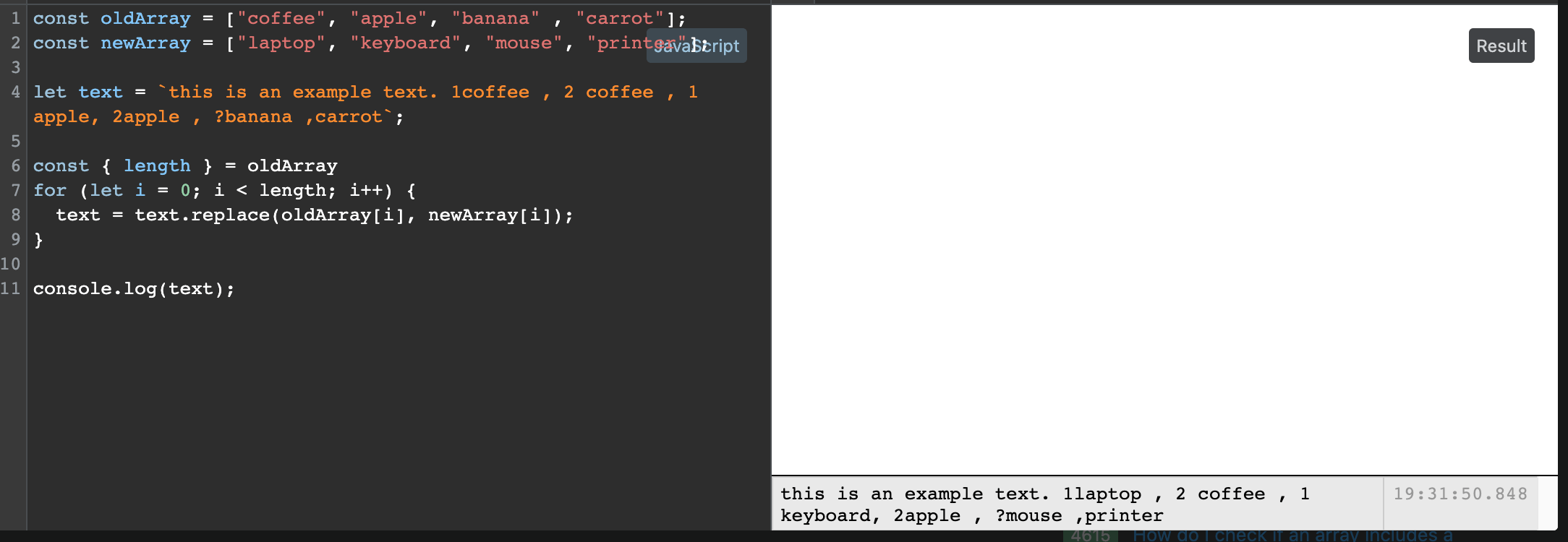 JavaScript match a word in a text with a word in array and replace it