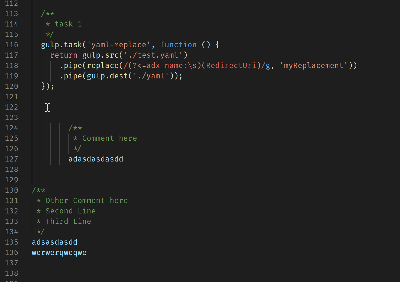visual studio code Multiple line to single line comment find