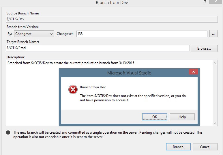 visual studio 2012 TFS Create Branch from Branch Error "the item does not exist at the