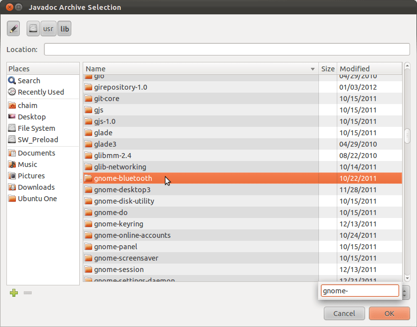 Is there a way in Gnome's file browser widget to 1) search for internal