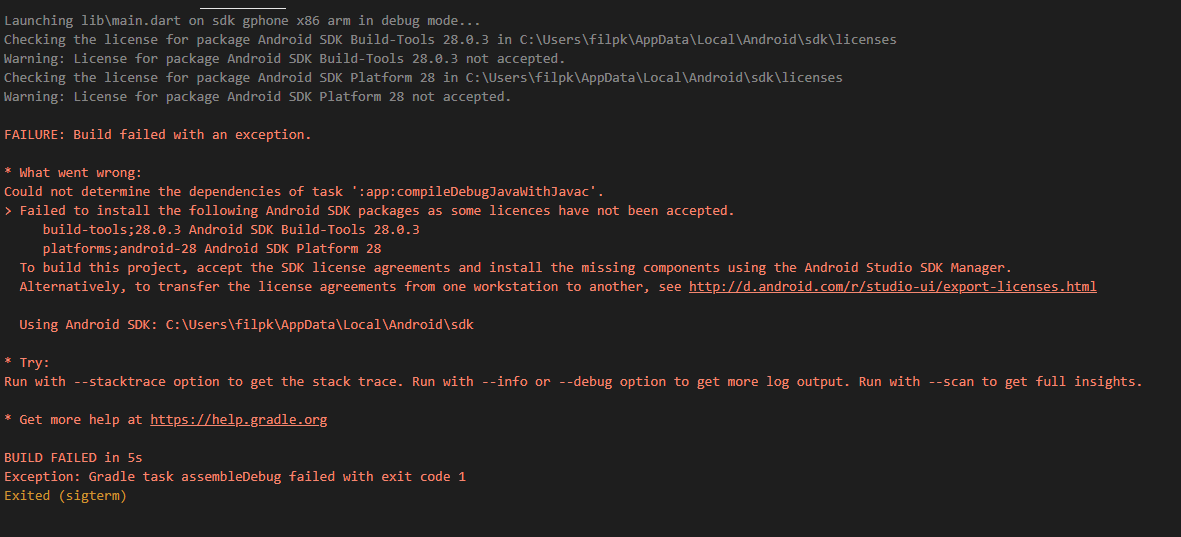 android studio "FAILURE Build failed with an exception." pops up