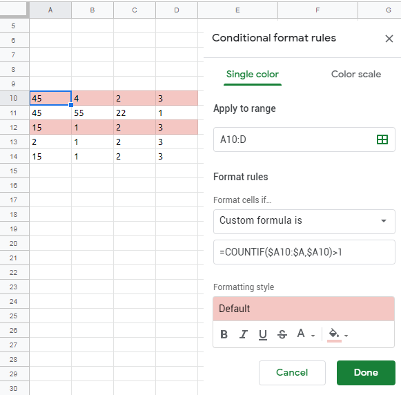 google sheets How to highlight an entire row using conditional