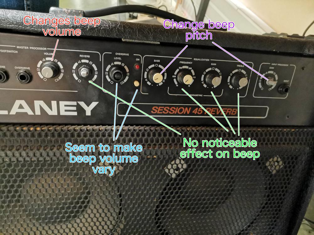 Guitar amplifier emits a continuous beep, which pitch vary depending on