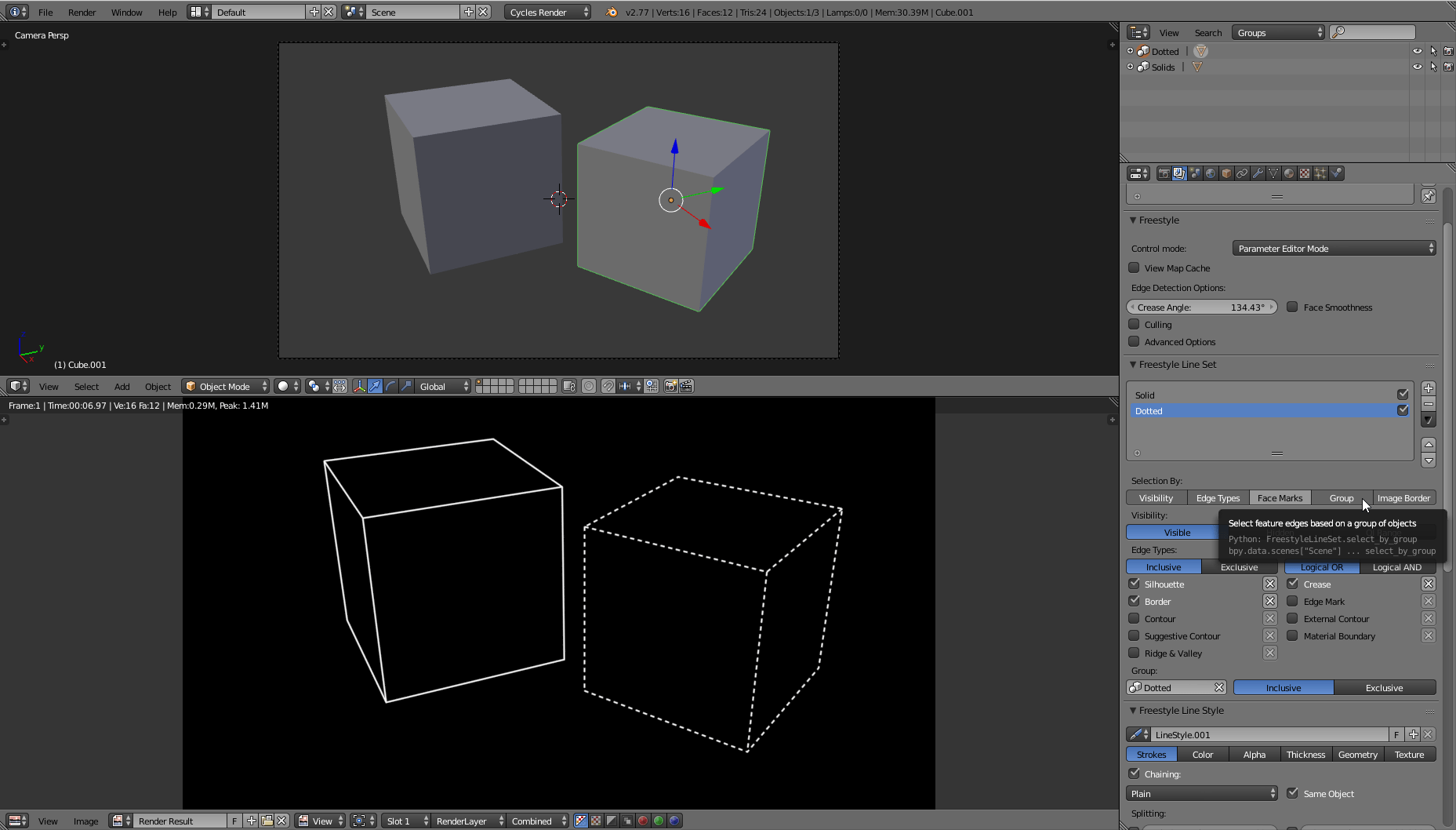 Freestyle, render some objects with dashed lines and others with solid