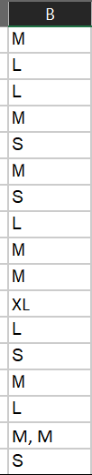 microsoft excel - Counting t-shirt sizes in a column but also separated
