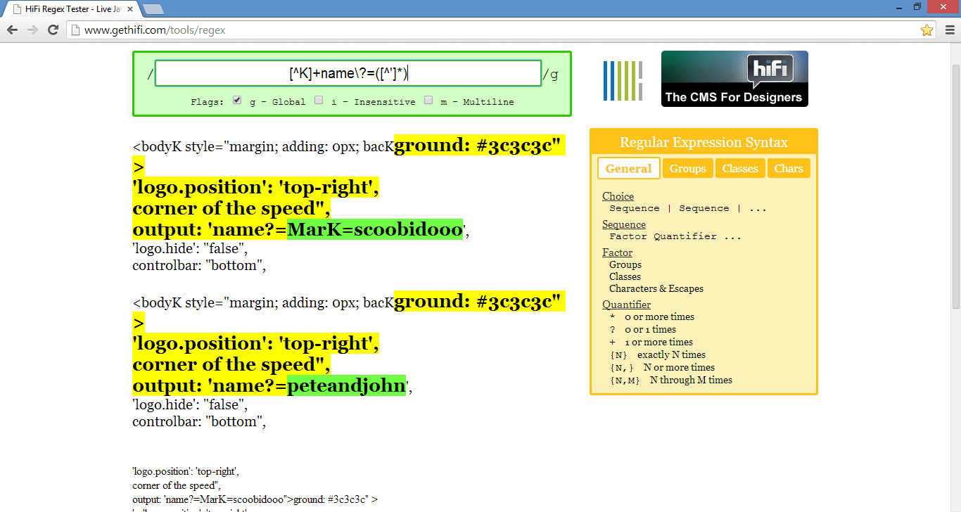 regex Meaning of [^K]+name\?=([^']*) in Plain and Simple English