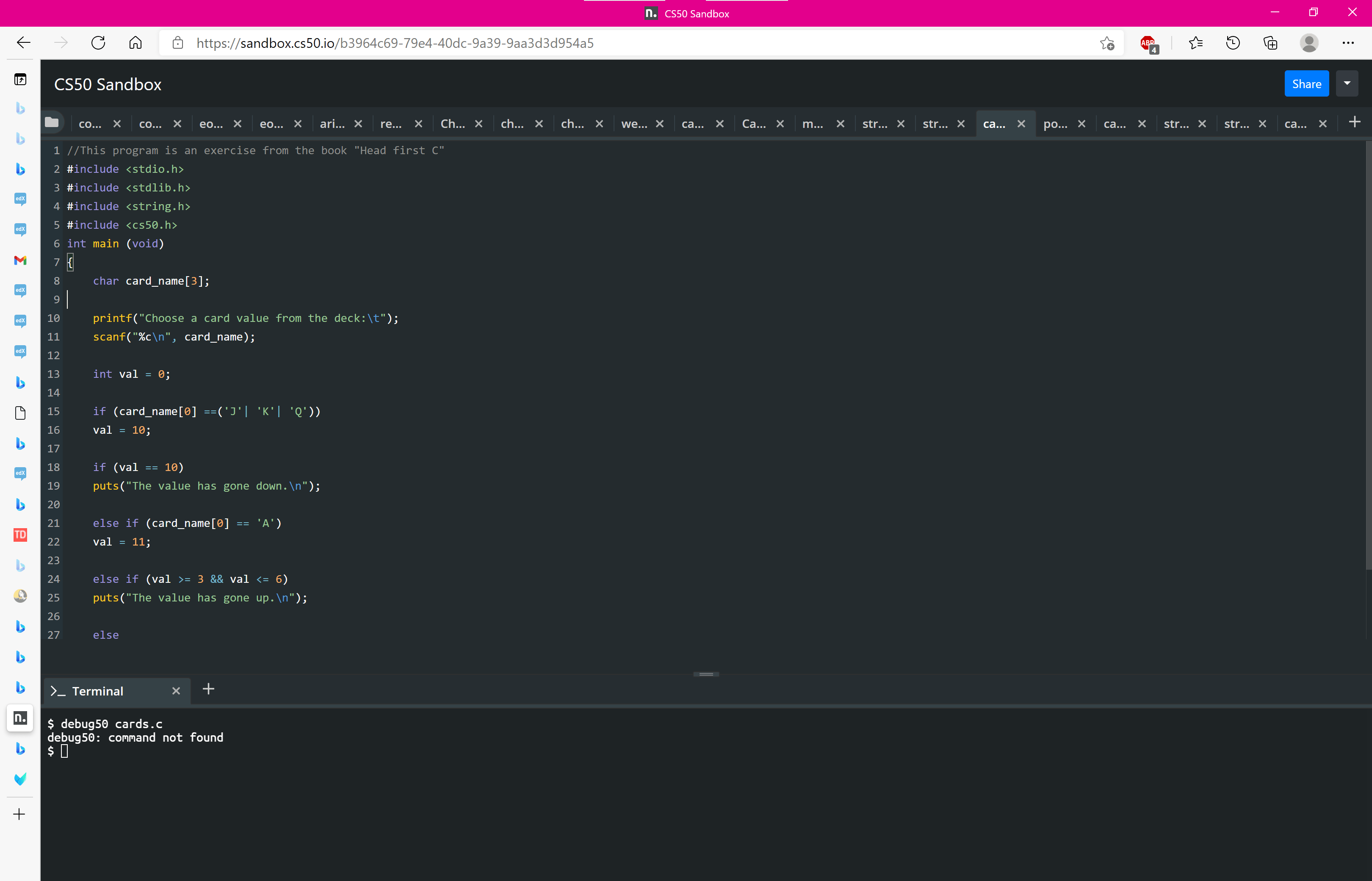 cs50 ide How can I use debug50 when it says not found" every