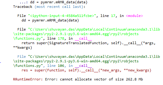 Python cannot allocate even 200MB of memory while calling a R function
