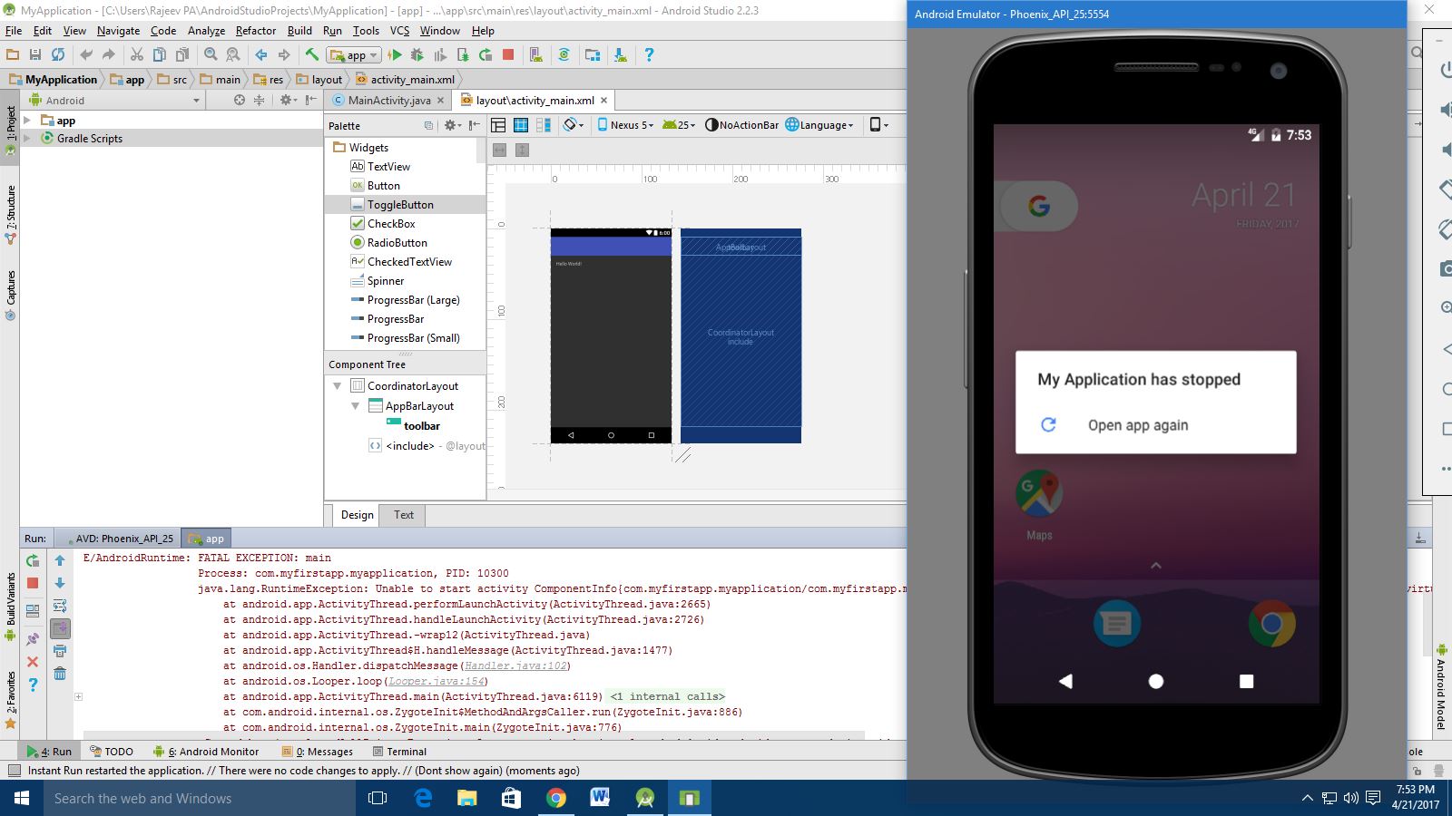 Android Studio Runtime Error Stack Overflow