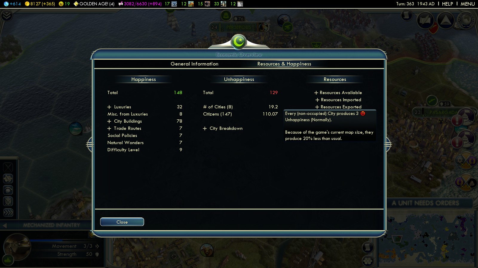 civilization 5 How much unhappiness is generated from cities and
