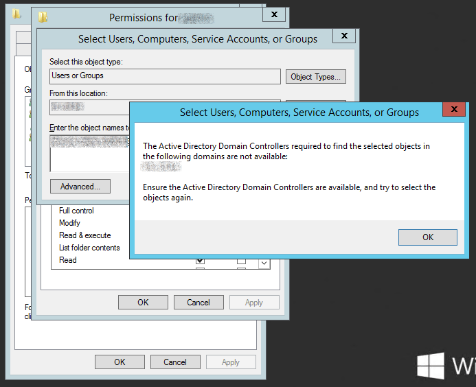 file permissions Fileserver cannot find any DC's for trusted domain
