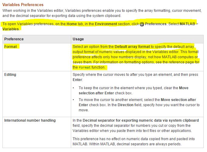 Matlab Change decimal numbers in variable editor in MATLAB