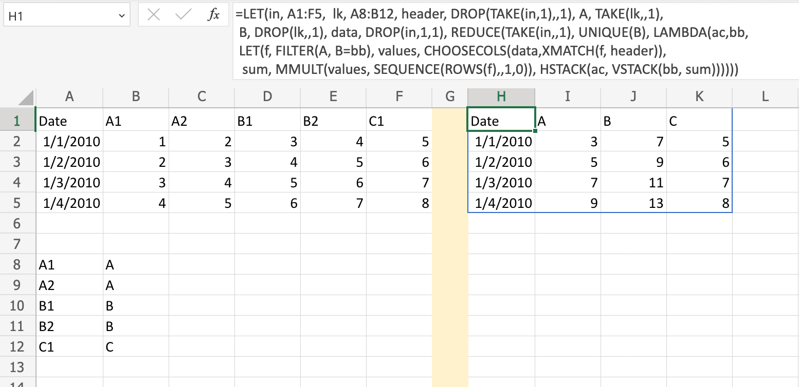 how to sum columns using column headers and bridge tables in excel