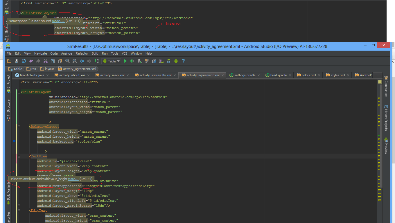 Android Studio Unknown attribute in xml and Namespace not